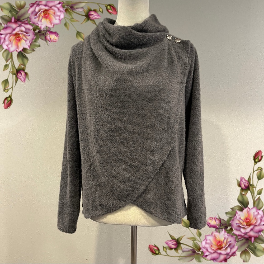 Maurices Gray Cozy Draped Button Neck Sweater